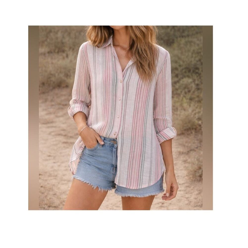 J.Jill Love Linen 100% Linen Button Down Striped Pastel  Shirt Size Large